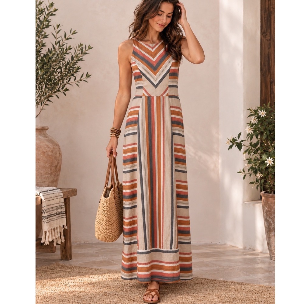 Japna Striped Maxi Dress Small 100% Cotton Boho Southwestern Sleeveless